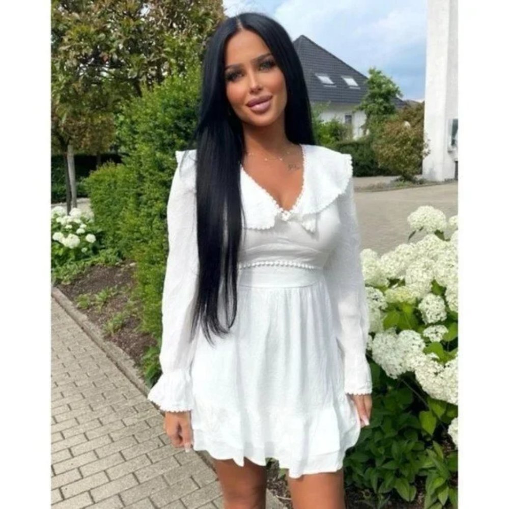 White Long Sleeve V-Neck Open Back Ruffle Hem Mini Dress - Picture 4 of 15